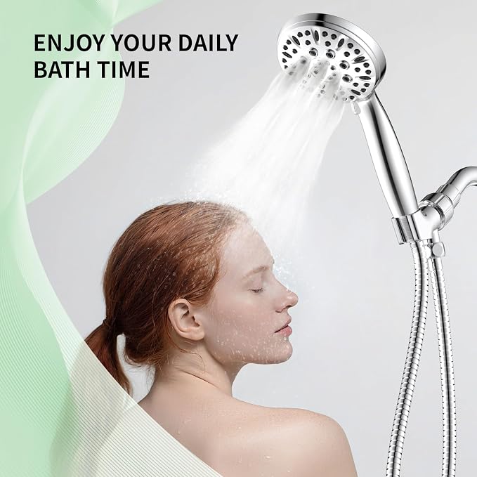 Handheld Shower Head, 6 Spray Modes High Pressure Showerhead, Chrome Finish | 59 Inch Stainless Steel Hose & Adjustable Shower Bracket, Anti-clog Nozzles, Easy Installation