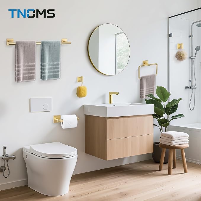 Gold Towel Bar Set 5-Piece Brushed Gold Bathroom Hardware Accessories Set Include 23.6in Towel Bar Toilet Paper Holder Towel Ring Towel Hooks,Stainless Steel Towel Holder Set Wall-Mounted