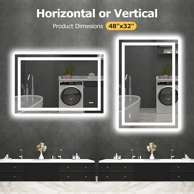 Hivone 48"X32" LED Bathroom Mirror with Lights, Anti-Fog, Dimmable, Backlit + Front Lit, Smart Bathroom Vanity Mirror, Memory Function, Shatterproof, Tempered Glass (Horizontal/Vertical)