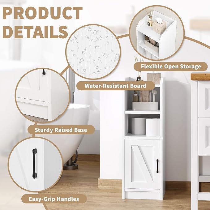 Narrow Bathroom Storage Cabinet with Door & Adjustable Shelf, 9.8" W Slim Storage Cabinet for Small Spaces, Skinny Toilet Paper Cabinet, 9.8" W × 7.9" D × 29.5" H, White