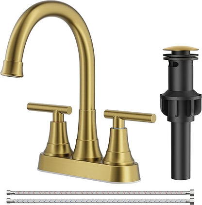 FORIOUS Brushed Gold Centerset Bathroom Faucets for Sink 2 or 3 Hole, 4 Inch Bathroom Sink Faucet with Pop up Drain and Lead-Free cUPC Hose, 360° spout, Two Handles for Restroom,Vanity, RV Remodel