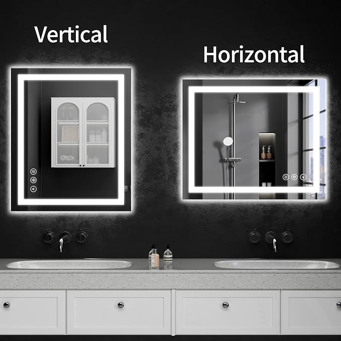 LED Bathroom Mirrors 24"x28" Bathroom Mirror with Lights for Wall, Backlit + Front Lit, 3 Colors, Anti-Fog, Dimmable Brightness for Vanity,Bathroom, Entryway, Living Room