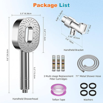 Hibbent Filtered Handheld Showerhead with 3 Filters, 5 Sprays Shower Head | Chrome High Pressure Shower Heads, Brass Holder & 71" Metal Hose, Water Soft Filter Remove Chlorine, Reduce Dry Itchy Skin