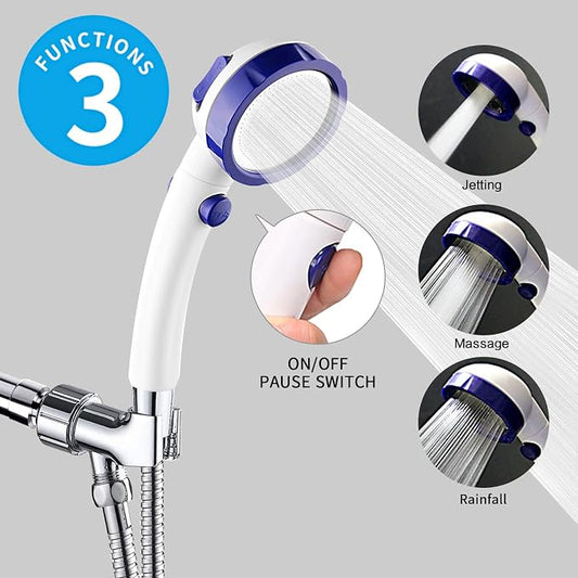 High Pressure Handheld Shower Head with ON/OFF Pause Switch | 3 Spray Modes Shower Wand with Shut Off Button, Camper & RV Showerhead with Hose & Angle Adjustable Bracket, White & Blue