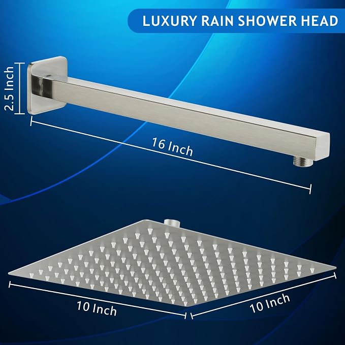 Voolan All Metal Shower Head with Extension Arm, Stainless Steel Waterfall Rainfall Showerheads, High Flow Bathroom Square Rain Shower Head (10’’ Shower Head with 16’’ Shower Arm, Brushed Nickel)