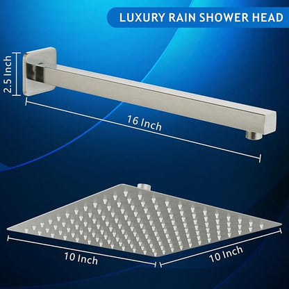 Voolan All Metal Shower Head with Extension Arm, Stainless Steel Waterfall Rainfall Showerheads, High Flow Bathroom Square Rain Shower Head (10’’ Shower Head with 16’’ Shower Arm, Brushed Nickel)