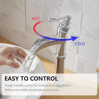 Polished Chrome Vessel Sink Faucet Brass Tall Waterfall Bathroom Faucet | Bathroom Sink Faucets Single Handle with Pop Up Drain Without Overflow and Supply Hoses Mixer Tap Deck Mount by BATHLAVISH