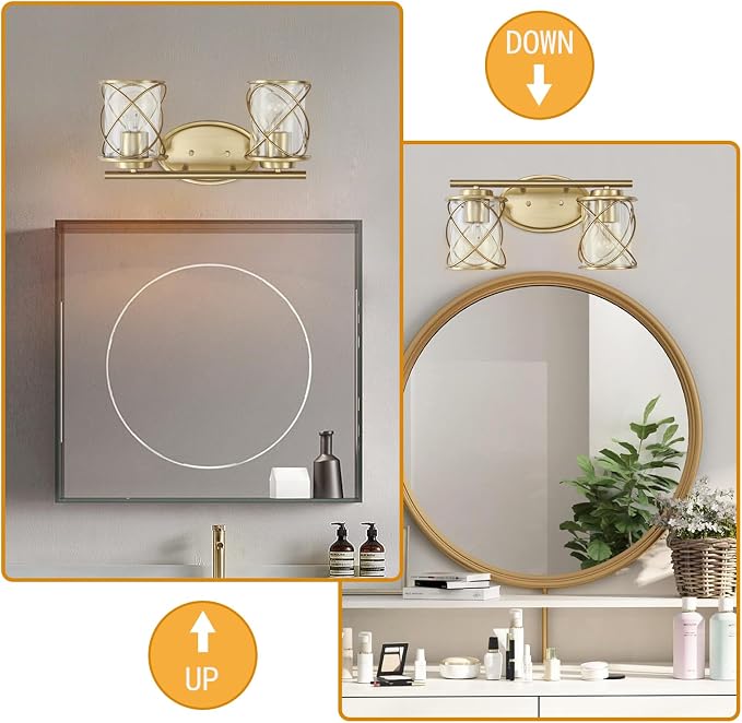 2-Lights Bathroom Vanity Lights, Bathroom Light Fixtures Over Mirror, Brushed Gold Vanity Light, Farmhouse Wall Lights with Clear Glass Shade, Bathroom Wall Lamp for Mirror Kitchen Bedroom