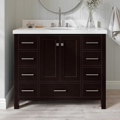 ARIEL Cambridge 42-inch Bathroom Vanity with Sink,Solid Wood, 1.5-inch Pure White Quartz Countertop & Backsplash, Single Oval Porcelain Sink, 2 Soft Closing Doors, 9 Dovetail Drawers, Espresso