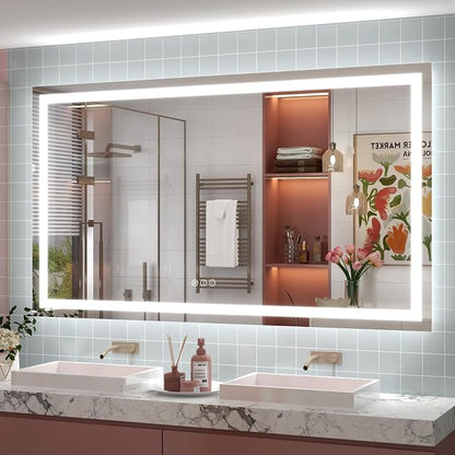 68x40 LED Lighted Bathroom Mirror for Vanity Wall | Front Light and Backlit, Anti-Fog, Memory, 3 Color, Tempered Glass, Dimmable, Rectangular, UL, Horizontal/ Vertical Mounted