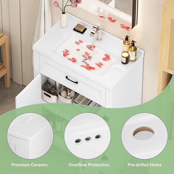 24" White Farmhouse Bathroom Vanity with Ceramic Sink, 2 Barn Door & Faux Drawer, Freestanding, Actual 23.6" L x 18.5" W x 35.4" H