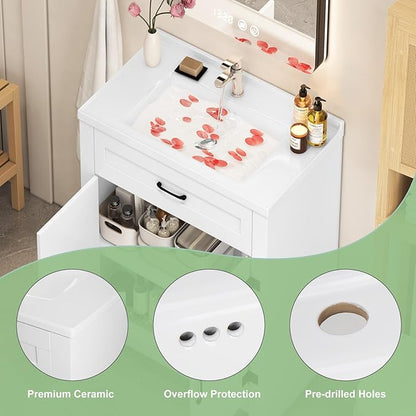 24" White Farmhouse Bathroom Vanity with Ceramic Sink, 2 Barn Door & Faux Drawer, Freestanding, Actual 23.6" L x 18.5" W x 35.4" H