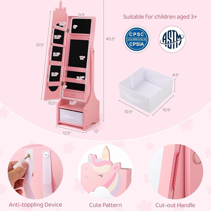 CHARMAID Kids Mirror Jewelry Cabinet - 45.5'' Full Length Mirror with Jewelry Storage, Standing Jewelry Armoire with Drawers, Kids Jewelry Organizer Box Vanity Dressing Mirror for Girls (Pink)