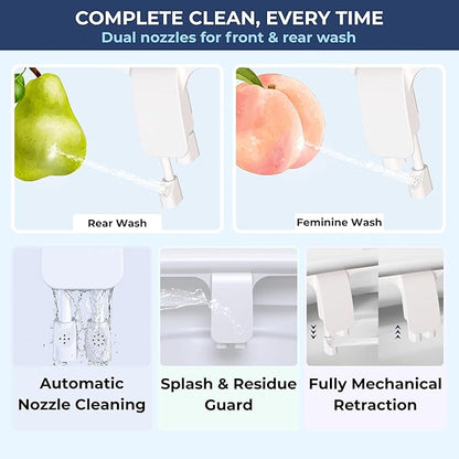 MOBY Bidet Toilet Seat Attachment - Non-Electric, Dual Nozzles with Self-Cleaning, Ultra-Thin Design, Easy 10-Minute Installation, Adjustable Water Pressure, Effortless Cleaning Experience