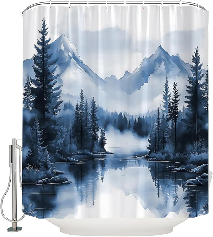 Blue Misty Forest Shower Curtain Mountain Foggy Pine Trees Landscape Watercolor Jungle Plant Rustic Nature Scenery Lake Fabric Bathroom Curtain Set with Hook
