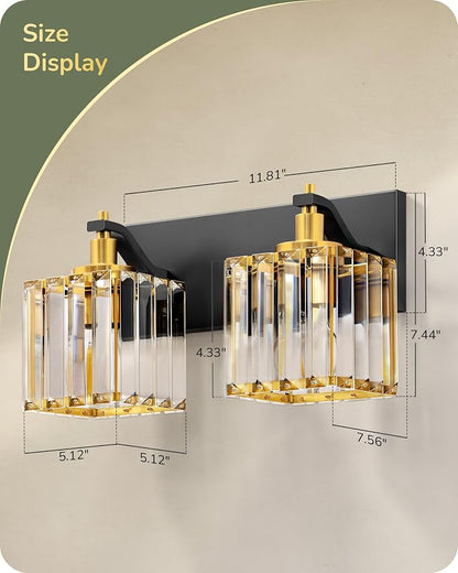 EDISHINE 2-Light Black Gold Bathroom Vanity Light, Crystal Wall Sconce, E26 | Up/Down Reversible, Modern Style, Black Gold Frame, Ideal for Bath, Powder Room