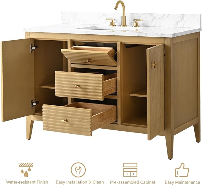 HOMEBEYOND 48" Bathroom Vanity with Sink, Solid Wood Bathroom Vanity Free-Standing Cabinet, Drawers, Ceramic Top & Soft Closing Door, Golden Brushed Handware, Natural Oak