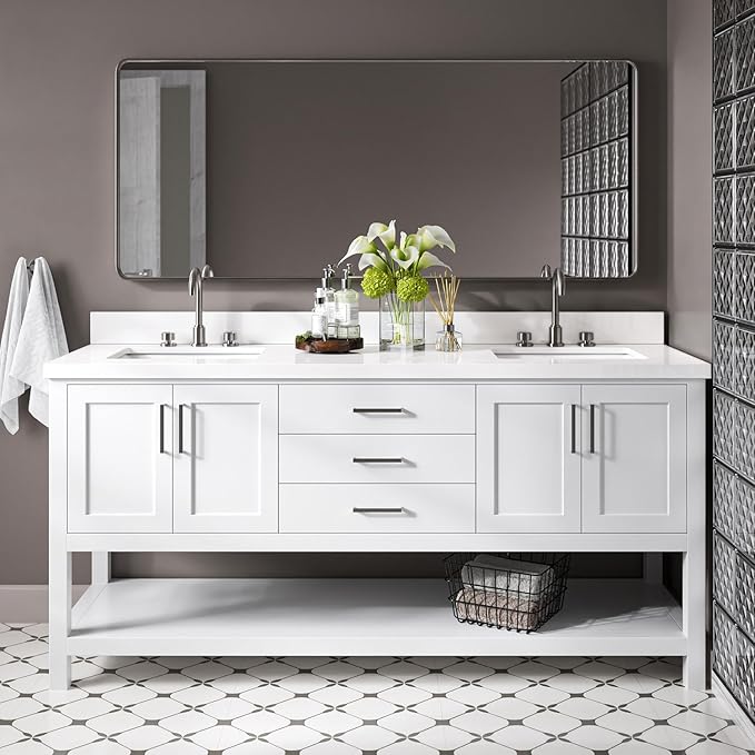 DKB Olivia 72" White Double Bathroom Vanity, 1.5" Pure White Quartz Countertop, Rectangular Undermount Sinks, 4 Soft Closing Doors, 3 Dovetail Drawers, Open Shelf, Brushed Nickel