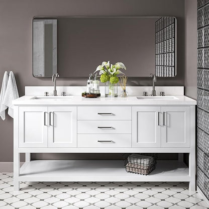 DKB Olivia 72" White Double Bathroom Vanity, 1.5" Pure White Quartz Countertop, Rectangular Undermount Sinks, 4 Soft Closing Doors, 3 Dovetail Drawers, Open Shelf, Brushed Nickel