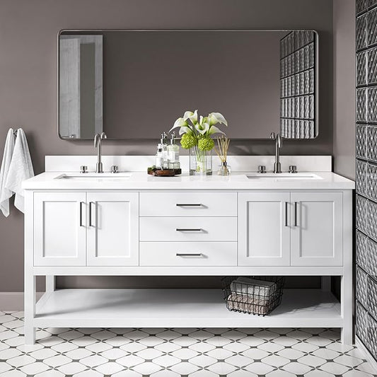 DKB Olivia 72" White Double Bathroom Vanity, 1.5" Pure White Quartz Countertop, Rectangular Undermount Sinks, 4 Soft Closing Doors, 3 Dovetail Drawers, Open Shelf, Brushed Nickel