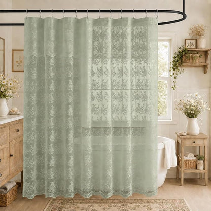 TUDECO Extra Long Green Lace Shower Curtain for Bathroom, 72W x 84L Inch | French Country, Sheer Floral Pattern, Summer Decor, Scalloped Edges, Attached Valance, Reinforced Holes, Machine Washable