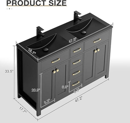 LUCKWIND 48" Bathroom Vanity with Sink Combo, Painted Modern Bathroom Storage Cabinet with Double Resin Black Sink, Four Doors and Three Drawers, Include Faucet Without Mirror, Black