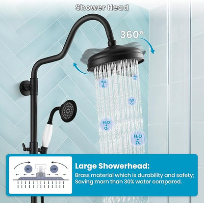 gotonovo Luxury Exposed Shower Faucet Set Bathroom Shower System 8 Inch Wall Mount Rainfall Shower Head with Handheld Spray Cross Double Handle Shower Fixture Adjustable Arc Rod Matte Black