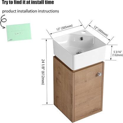 12" Bathroom Vanity with Sink, 12 Inch Floating Bathroom Vanity for Small Space, Modern Bathroom Vanity, Brown Wall Mounted Cabinet Set (045-IMO, IMO-12''Wx12''D)