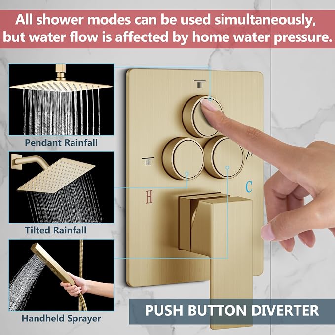 Aolemi Ceiling Shower Faucet Set System Dual Head 16&6 Inch Brushed Gold | 2 in 1 Handheld Spray,Shower Valve and Trim Kit,Push Button Diverter, 16"Top+6" Wall Rain Head,Bathroom Mixer for Couple
