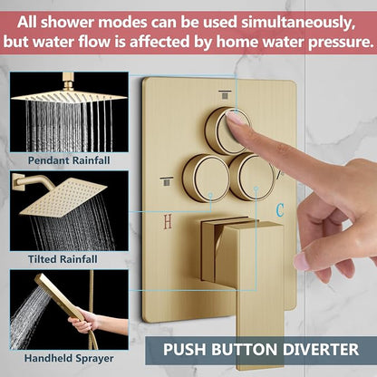 Aolemi Ceiling Shower Faucet Set System Dual Head 16&6 Inch Brushed Gold | 2 in 1 Handheld Spray,Shower Valve and Trim Kit,Push Button Diverter, 16"Top+6" Wall Rain Head,Bathroom Mixer for Couple