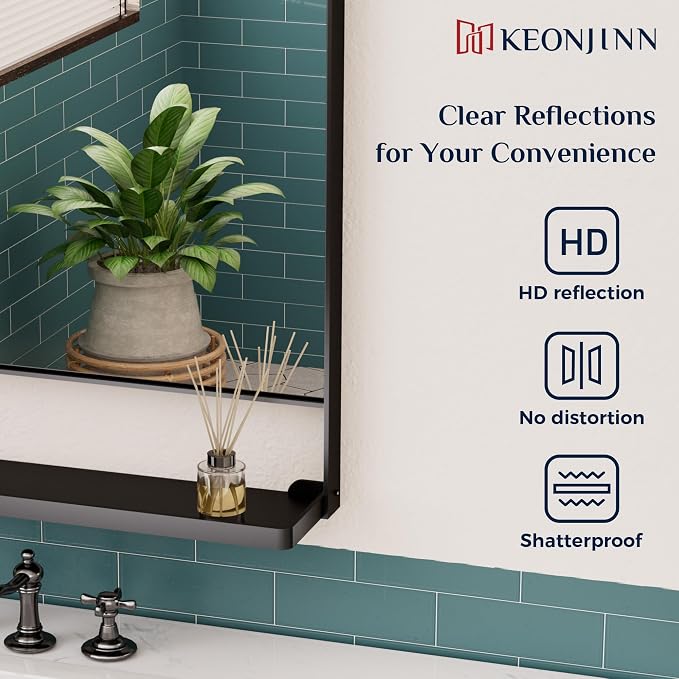 Keonjinn 18 x 28 Inch Black Bathroom Mirror with Shelf, Rust-Resistant | Rounded Corner, Rectangle Metal Bathroom Vanity Mirror with Storage, French Cleat Mount, Entryway, Bedroom, Hallway, Décor