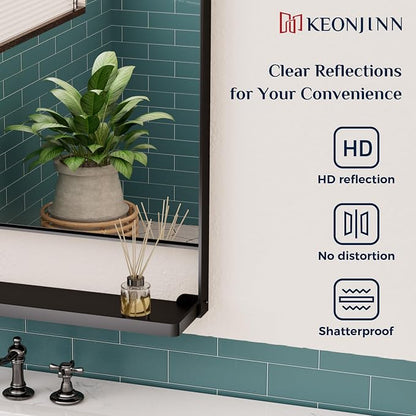 Keonjinn 18 x 28 Inch Black Bathroom Mirror with Shelf, Rust-Resistant | Rounded Corner, Rectangle Metal Bathroom Vanity Mirror with Storage, French Cleat Mount, Entryway, Bedroom, Hallway, Décor