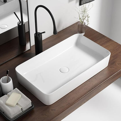24 Inch Rectangular Bathroom Sink Above Counter, QISHKA White Ceramic Vanity Vessel Sink - 24" x 14" Countertop Rectangle Hand Wash Sink Porcelain Art Basi