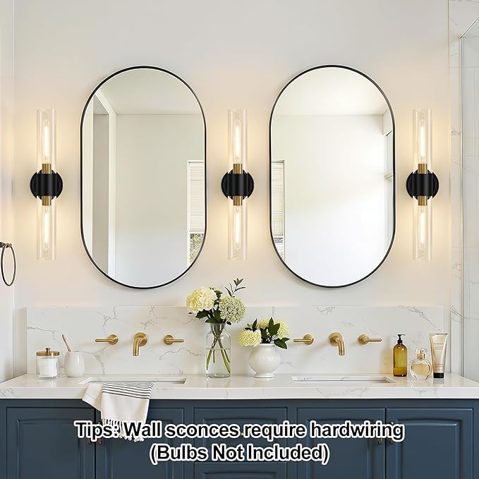 Wall Sconces Set of Two, Modern Bathroom Sconces Wall Lighting with & Clear Glass Glass, Black and Gold Sconces Wall Decor Set of 2 for Bathroom Mirror Bedroom Living Room Hallway