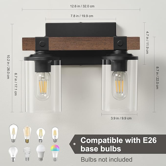 Farmhouse Vanity Light for Bathroom Wooden Rustic Vanity Lighting fixtures | 2-Light Bathroom Lights Over Mirror Vintage Wall Sconce Lighting with Clear Glass Shade for Bedroom Hallway