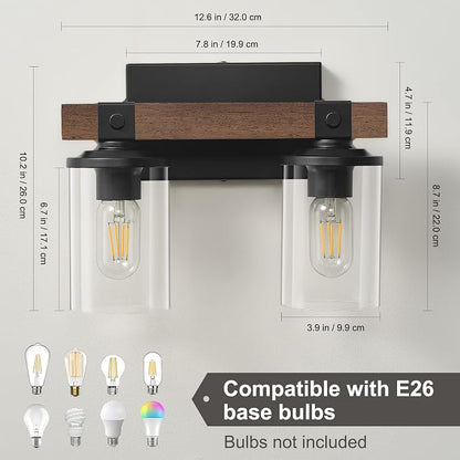 Farmhouse Vanity Light for Bathroom Wooden Rustic Vanity Lighting fixtures | 2-Light Bathroom Lights Over Mirror Vintage Wall Sconce Lighting with Clear Glass Shade for Bedroom Hallway