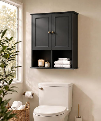 HAIOOU 23.6 inch Bathroom Wall Cabinet with Motion Sensor Light - Black | Wall Mount Medicine Cabinet with Recessed Panel Doors, Adjustable Glass Shelf, Soft Close Hinges for Over the Toilet Storage