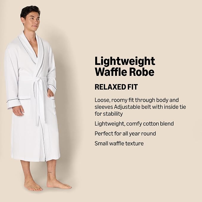 Amazon Essentials Men's Lightweight Cotton Waffle Bath Robe, Mid-Length Loungewear (Available in Big & Tall)