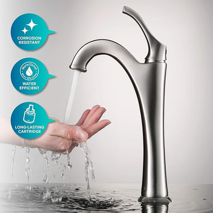 KRAUS Elavo 14-inch Round White Porcelain Ceramic Bathroom Vessel Sink and Spot Free Arlo Faucet Combo Set with Pop-Up Drain, Stainless Brushed Nickel C-KCV-341-1200SFS