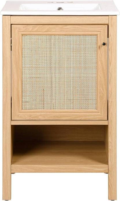 JONATHAN Y VAN1022A Jasper 20 in. W x 18 in. D x 33 in. H Rattan Modern Coastal 2-Shelf Bathroom Vanity Cabinet Only with Soft Closing Doors (Sink Basin Not Included), Oak