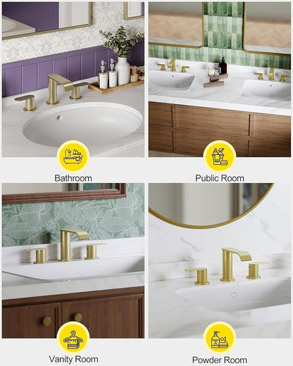 Homevacious Brushed Gold Bathroom Faucet 3 Hole 8 Inch Widespread Waterfall Bathroom Sink Faucets 2 Handles with Pop-up Drain and Supply Lines for Bath Vanity Commercial Lavatory Rv Restroom