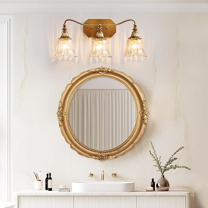 Gold Bathroom Vanity Light Fixture, 3 Lights Bathroom Lighting Matte Antique Brass Finish with Crystal Glass Shade, Gold Vintage Vanity Light for Bathrooms