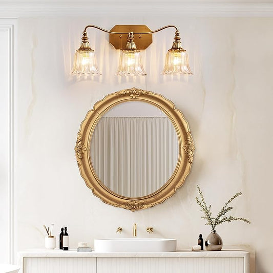 Gold Bathroom Vanity Light Fixture, 3 Lights Bathroom Lighting Matte Antique Brass Finish with Crystal Glass Shade, Gold Vintage Vanity Light for Bathrooms