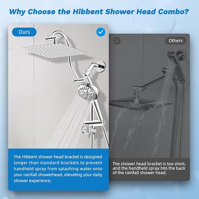 Hibbent High Pressue All Metal 10" Rainfall Shower Head, Handheld 10-Spray | cUPC Certified Chrome Dual Showerhead Combo, 4-way Diverter with Pause Mode, Brass Extension Arm, 71'' Shower Hose & Holder