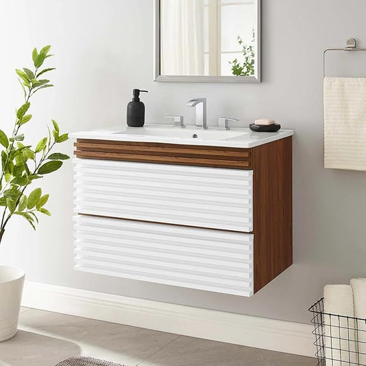 Modway Render 30" Wall-Mount Bathroom Vanity in White Walnut White