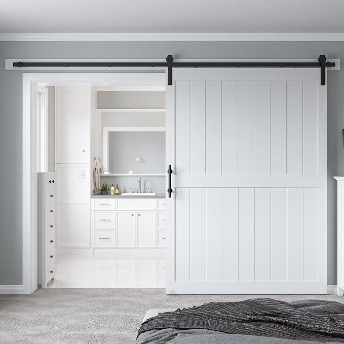 60 x 84in MDF Sliding Barn Door with 10ft Barn Door Hardware Kit & Handle | White Solid Barn Door Slab Covered with Water-Proof PVC Surface, Pre-Drilled Holes Easy Assembly, H-Frame