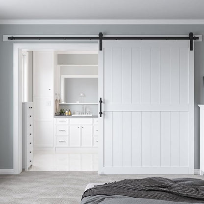 60 x 84in MDF Sliding Barn Door with 10ft Barn Door Hardware Kit & Handle | White Solid Barn Door Slab Covered with Water-Proof PVC Surface, Pre-Drilled Holes Easy Assembly, H-Frame