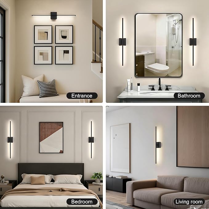 Battery Operated Wall Sconce, 3000K-6000K Dimmable Black Wall Lights with Remote Control, Timable LED Wireless Wall Sconces, 350° Ratate for Bathroom, Living Room, Hallway 29.1 Inch 1 Pack