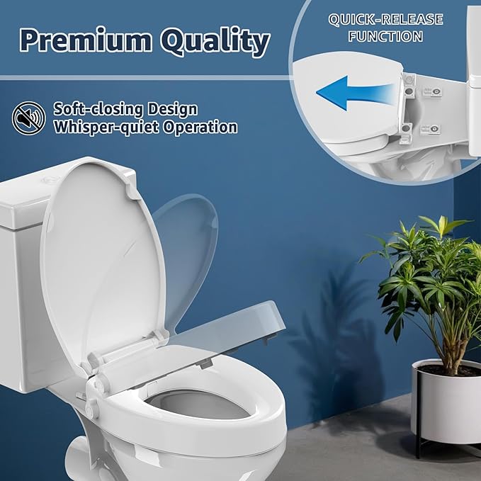 Raised Bidet Toilet Seat Elongated 18.5" – Soft Close, Dual Self-Cleaning Nozzles, Quick Release & Connect, Sturdy PP, Won't Loosen, Ideal for Seniors, Elderly & Limited Mobility, White