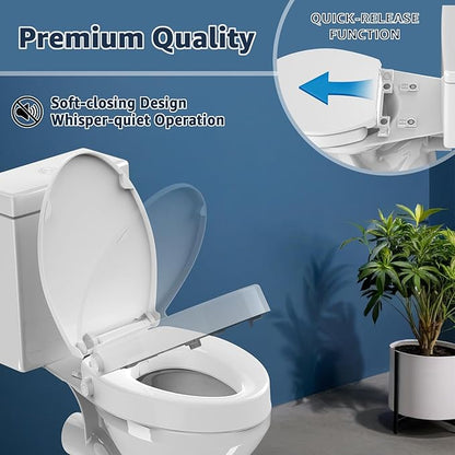 Raised Bidet Toilet Seat Elongated 18.5" – Soft Close, Dual Self-Cleaning Nozzles, Quick Release & Connect, Sturdy PP, Won't Loosen, Ideal for Seniors, Elderly & Limited Mobility, White